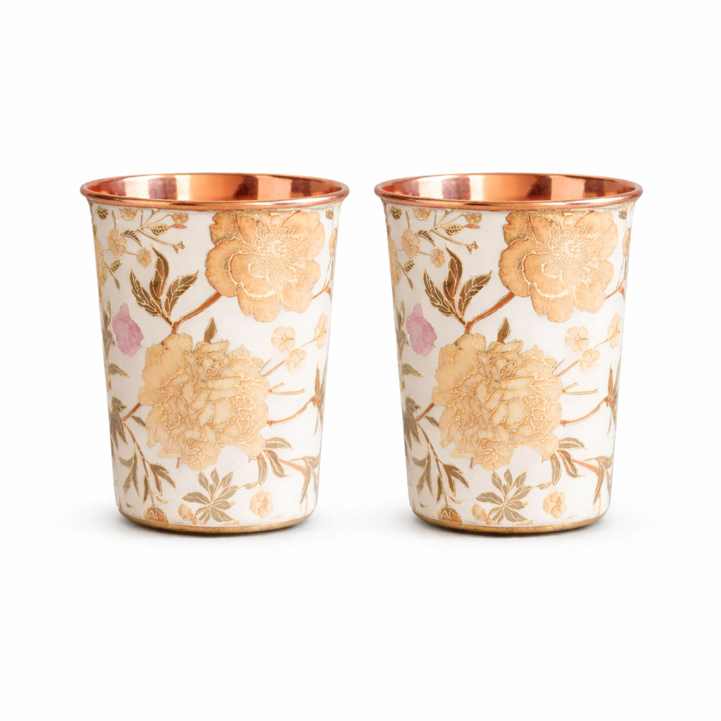 Pure copper hammered design curved glass tumbler, 550 ML, Set of 2 406